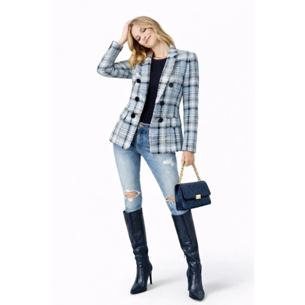Jones‎ New York Plaid Double Breasted Blazer Light Blue Black White Jacket  PL - Picture 2 of 10